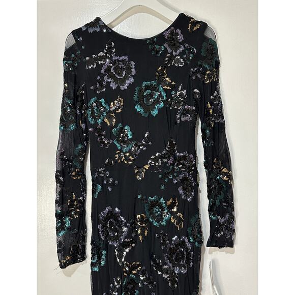 Betsy & Adam Black Floral Sequin Full Length Gown Size 4 NWT Teal Silver Roses - Picture 4 of 14